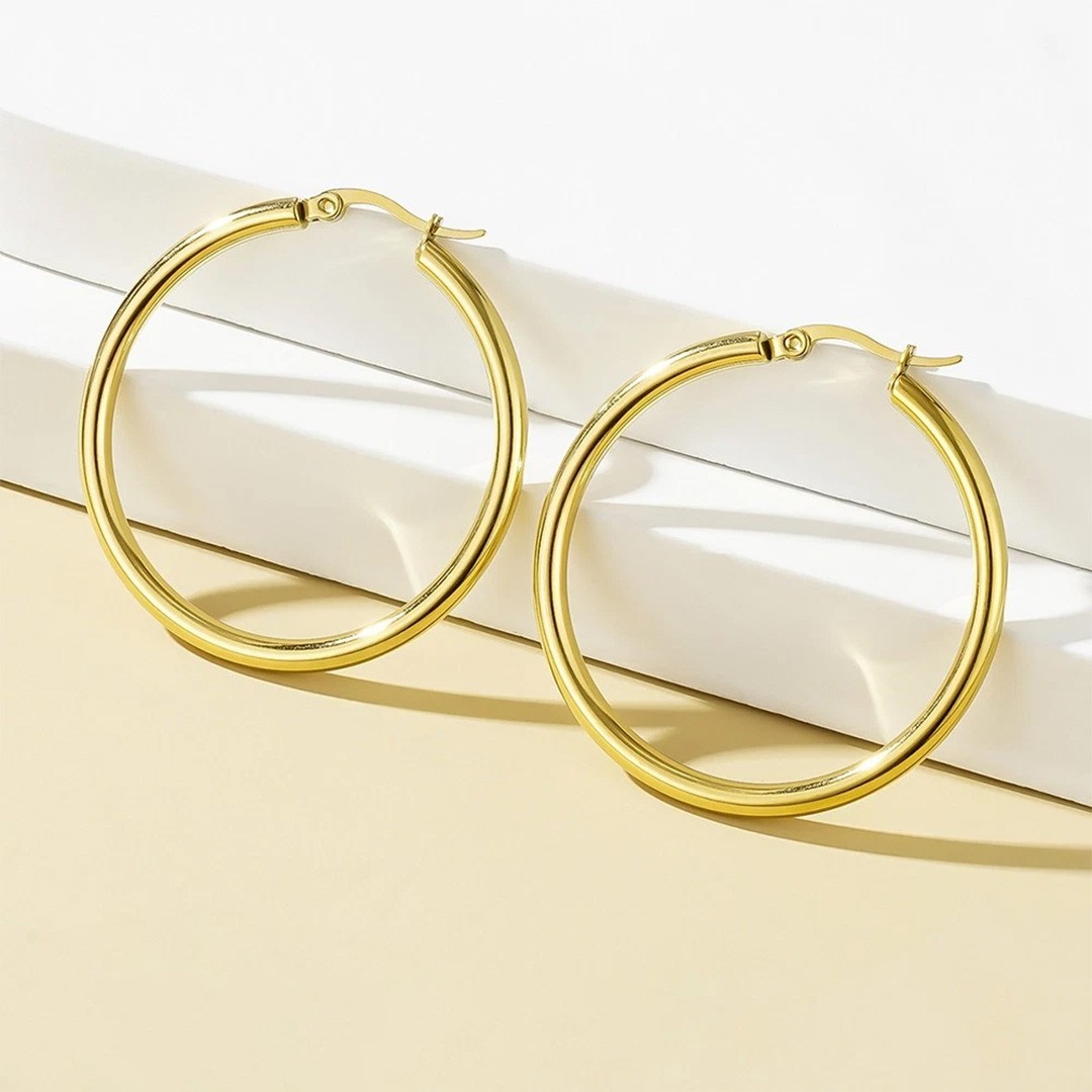 35mm 14K Real Solid Yellow Gold Shiny Polished Round Creole Hoop Earrings Gift