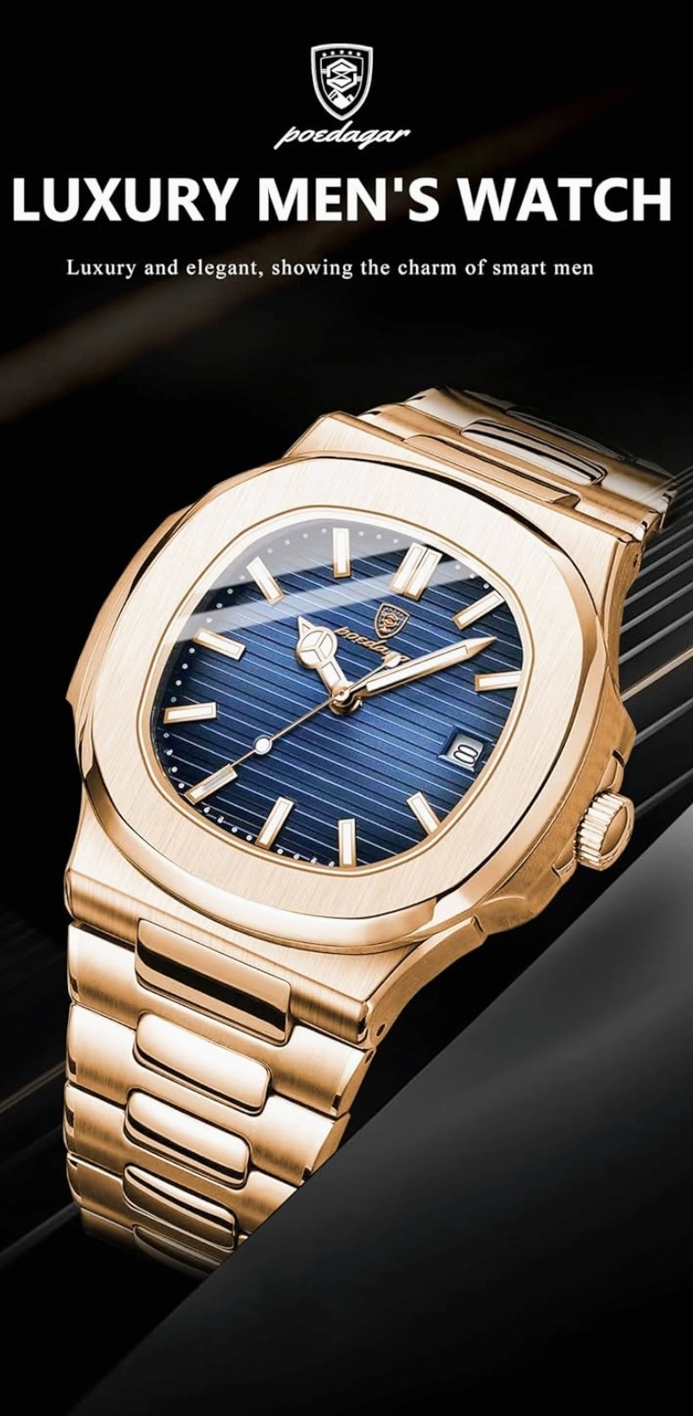 Poedagar Mens Luxury Quartz Watch Waterproof Stainless Steel Rose Gold Square