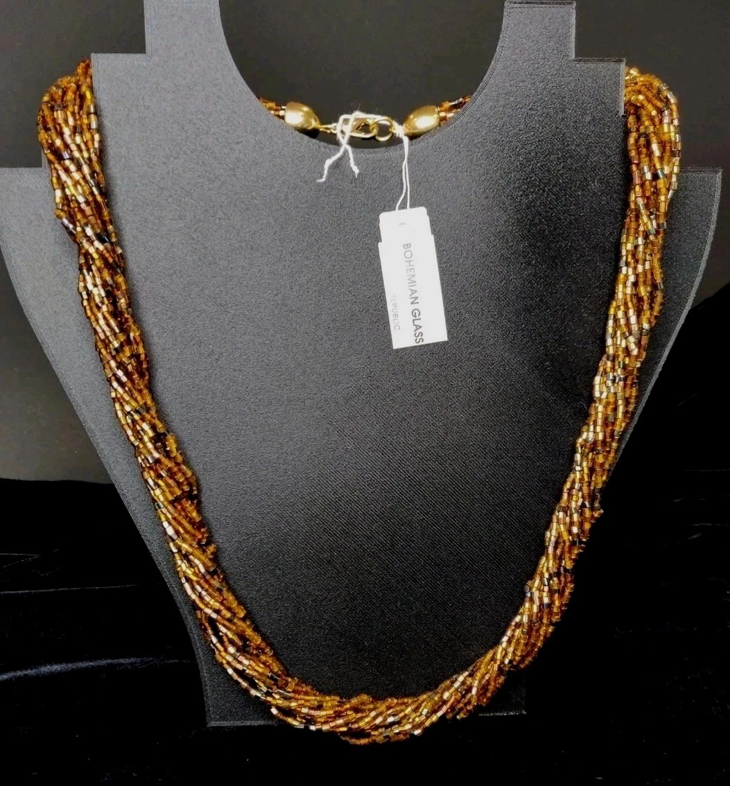 Vintage Czech Republic Boho Caramel Black Gold Glass Bead 12 Strand Necklace 50s