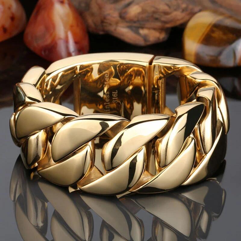 24mm/32mm Heavy Men’s Gold Tone Stainless Steel Curb Cuban Link Chain Necklace
