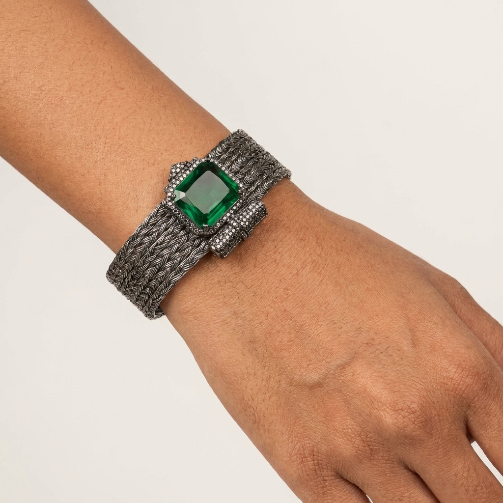 Green Gemstone Bracelet, Braided Cuff Bracelet, Emerald Glass Stone Wrist Cuff