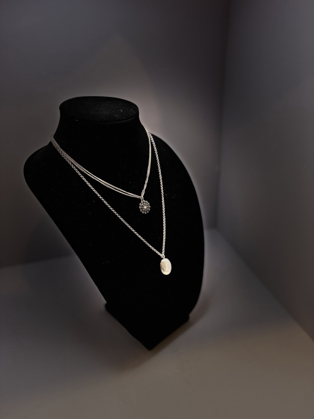 Vintage Silver Tone Multi Strand Layered Locket Necklace Floral Filigree Slide