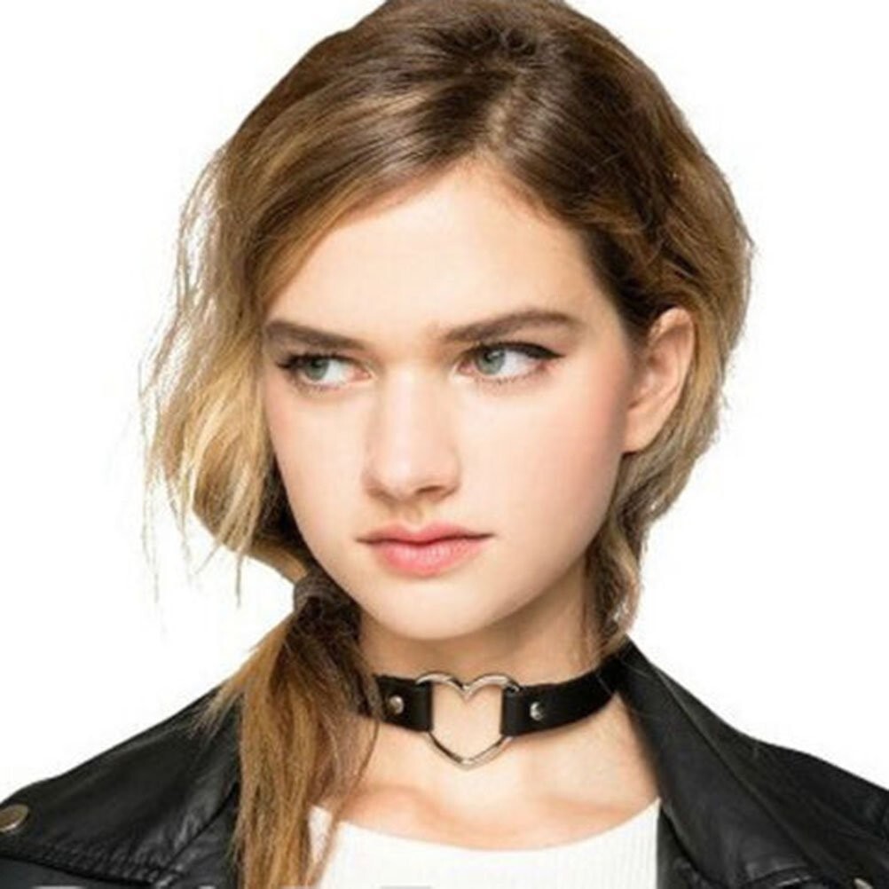 Leather Heart Choker Collar Punk Goth Adjustable Rivet Necklace Love O-Ring