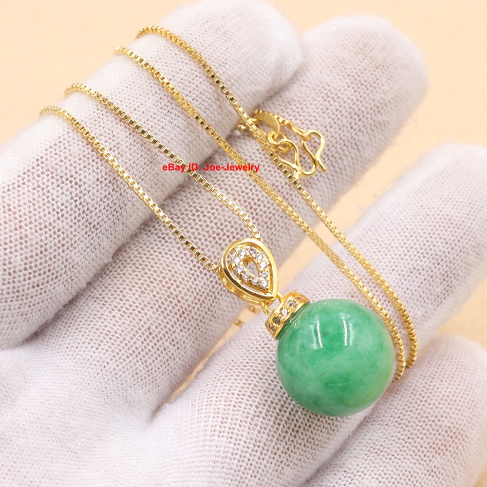 NEW Yellow Alloy Pendant with Heated Green Jade Ball + 18inch Chain Necklace