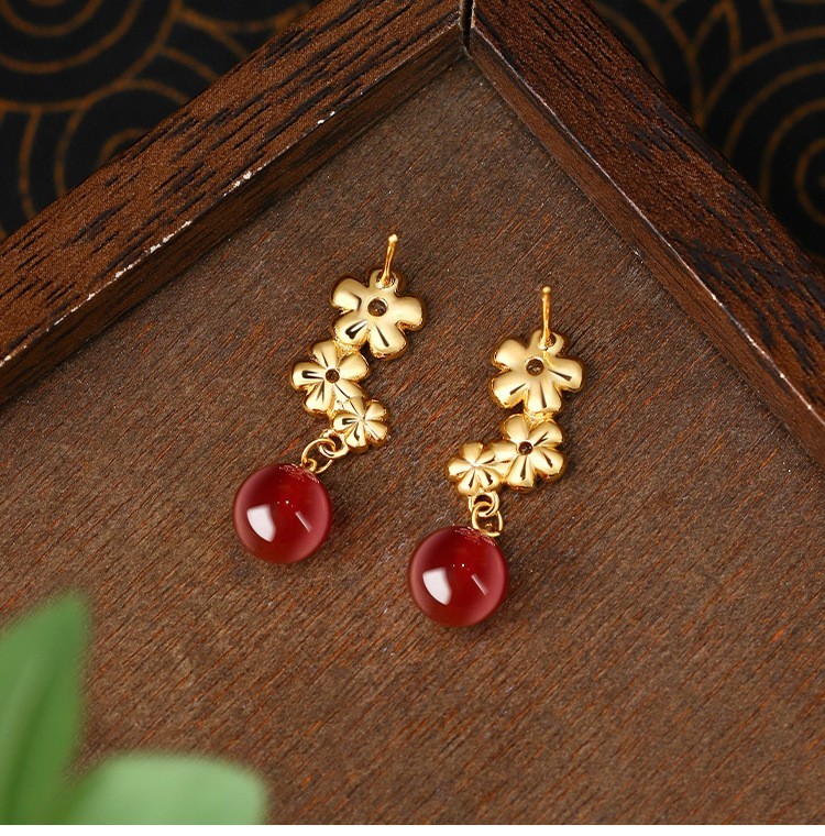 Red Jade Drop Dangle Earrings Gemstone Flowers Shape Stud 18K Gold Plated