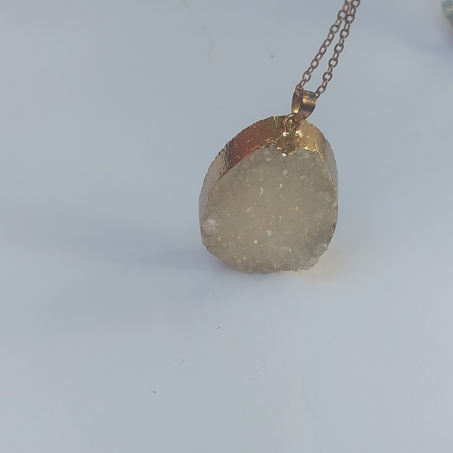 Gold Tone Adjustable Cable Chain Necklace w/ Oval White Quartz Bezel Pendant