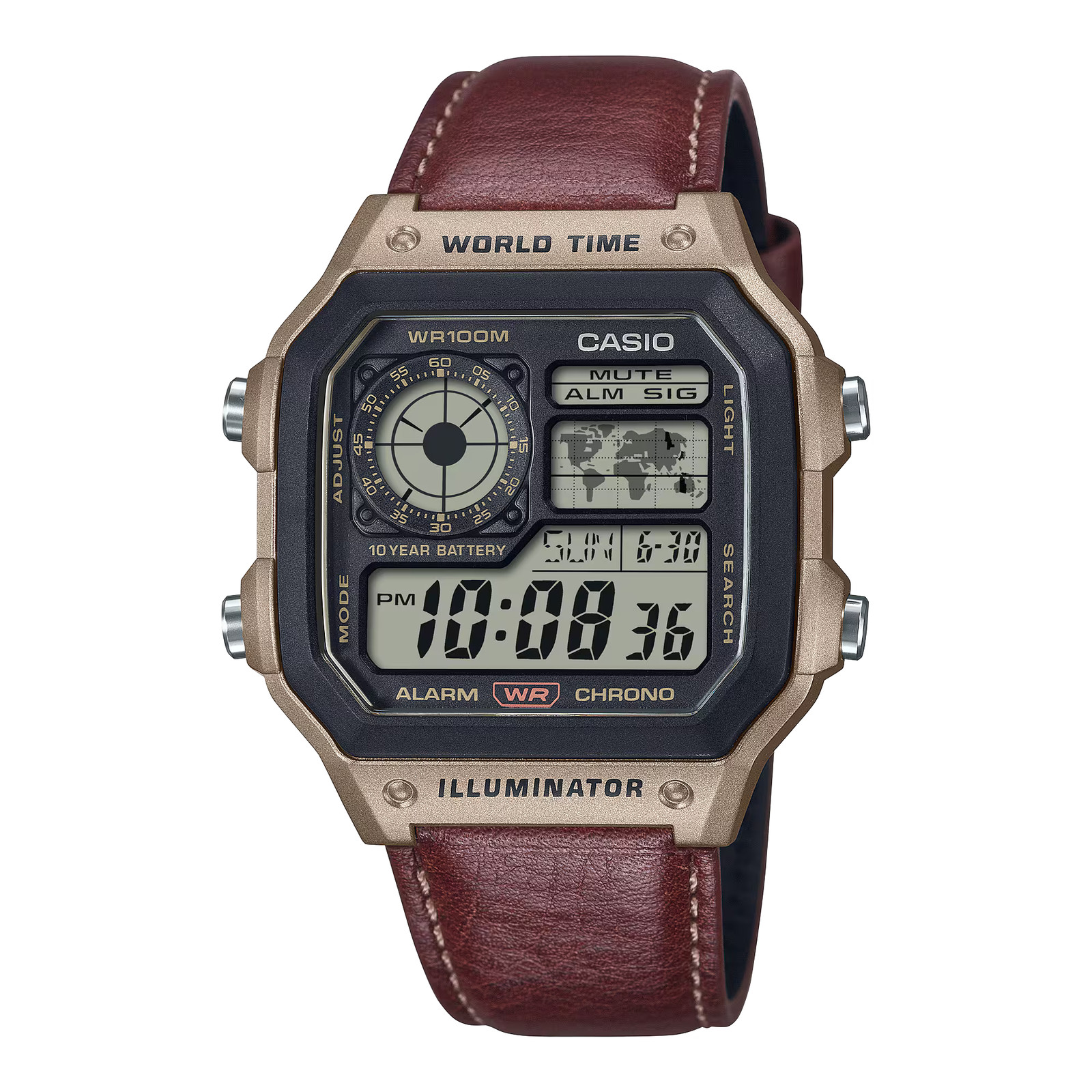 CASIO AE-1200WHL-5AV AE-1200WHL-5A LEATHER BAND METALLIC DIGITAL WATCH