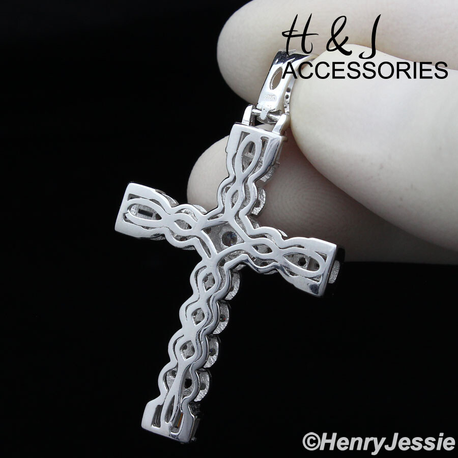 MEN SOLID 925 STERLING SILVER ICY BLING BAGUETTE CZ CROSS CHARM PENDANT*ASP241