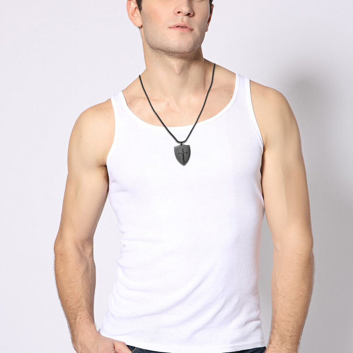 Men Stainless Steel Shield Armor of God Ephesians 6:16-17 Cross Pendant Necklace