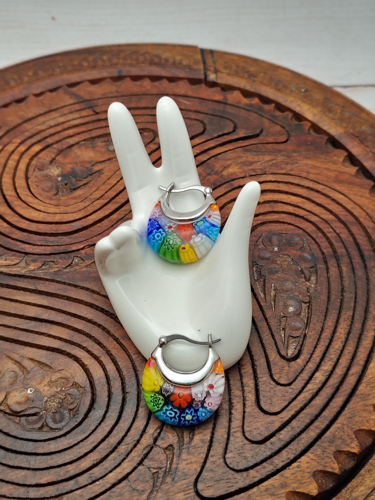 Millefiori Glass And Stainless Steel earrings. 1″
