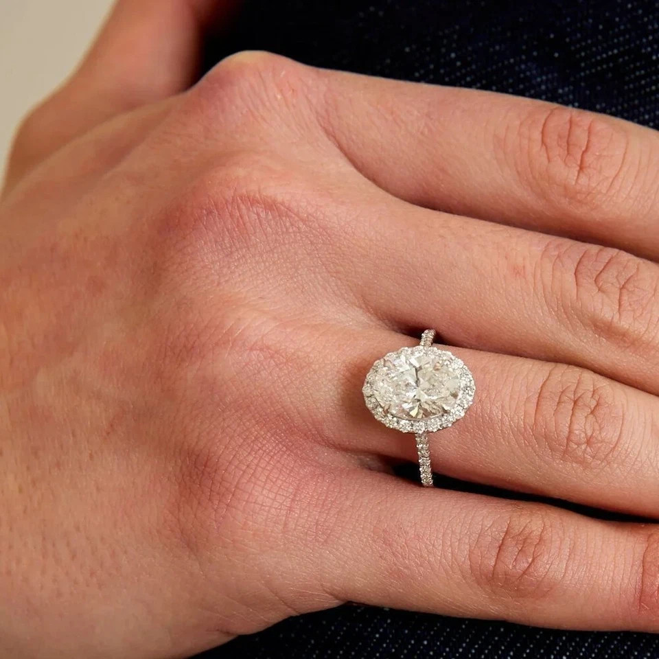 5 TCW Oval Cut Moissanite Halo Engagement Ring 14K White Gold Plated