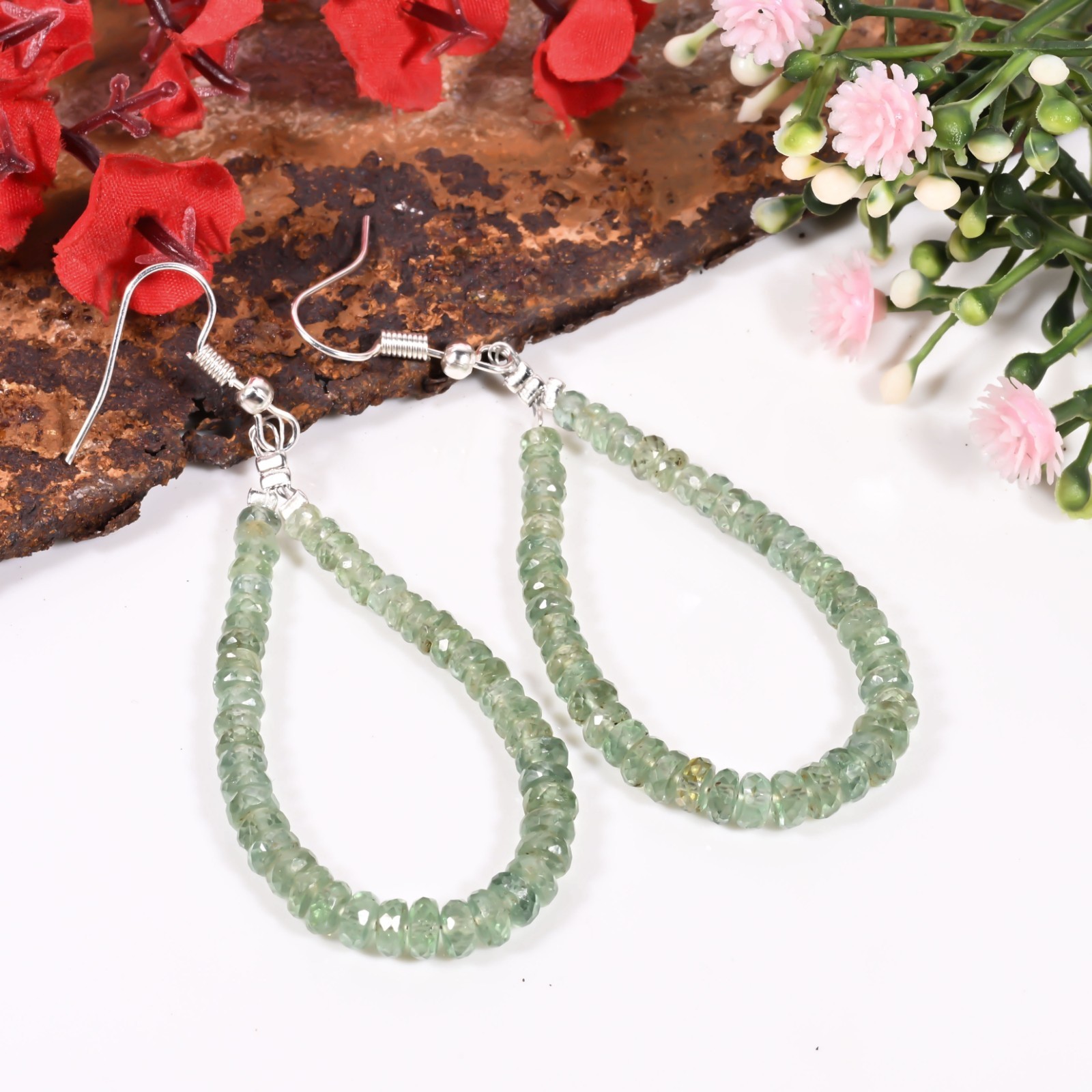 Handmade Mint Green Kyanite Drop Earrings Faceted Rondelle