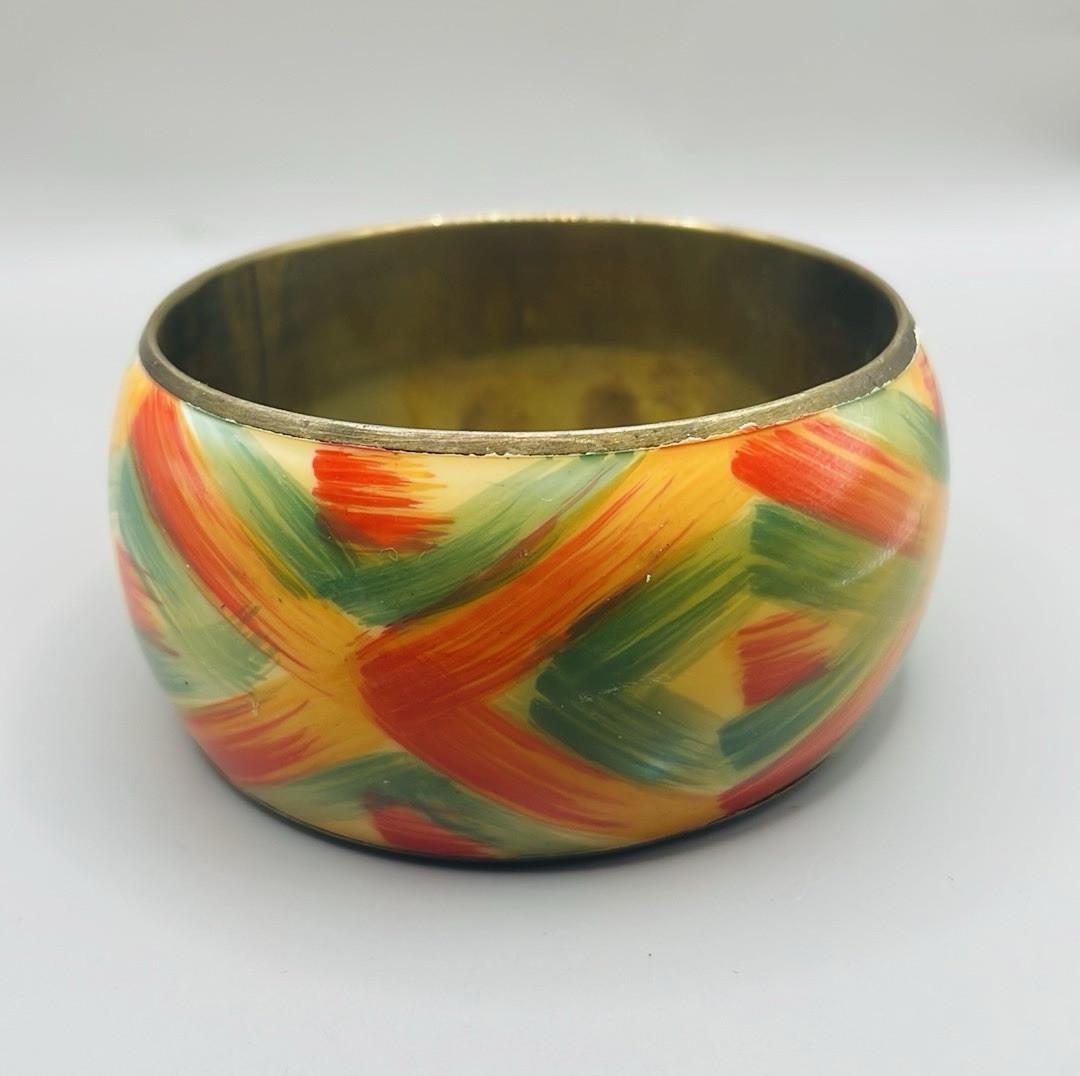 Vintage Gold Tone Green Orange Large Cuff Bangle Statement Bracelet