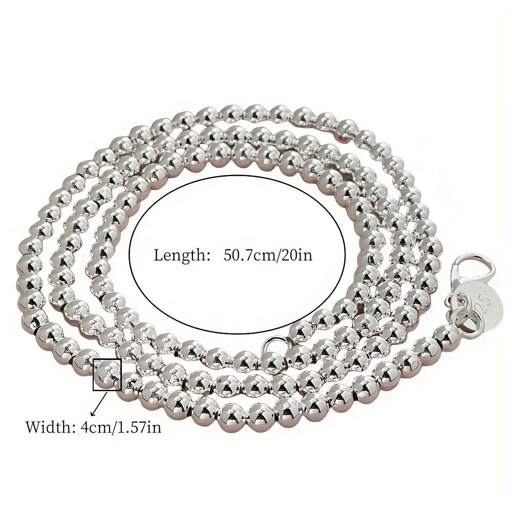 Elegant 925 Sterling Silver 4mm Classic Ball Beaded Chain Necklace for Women Men