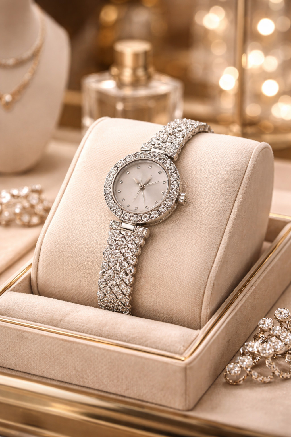 Women’s Silver Rhinestone Bracelet Watch Crystal Bezel Elegant Dress Quartz