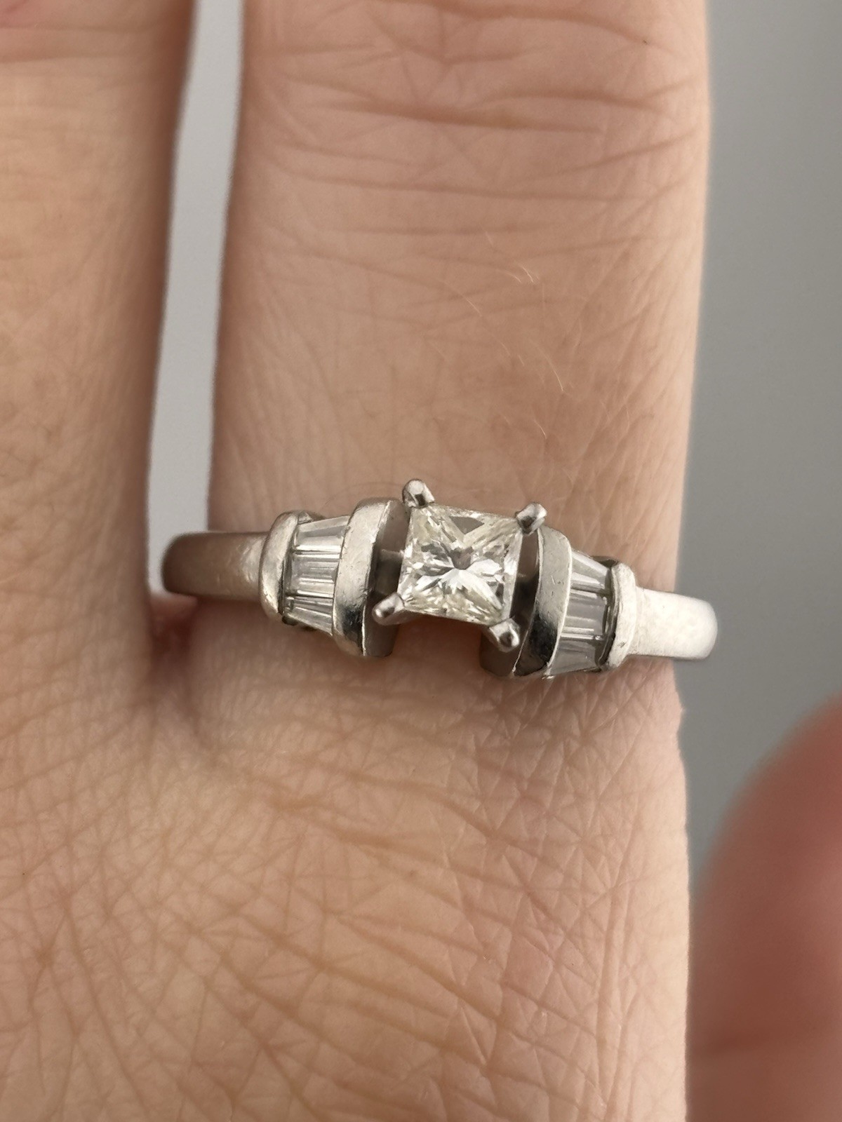 Estate 950 Platinum Princess Cut Diamond Engagement Ring w Tapered Baguette sz 7