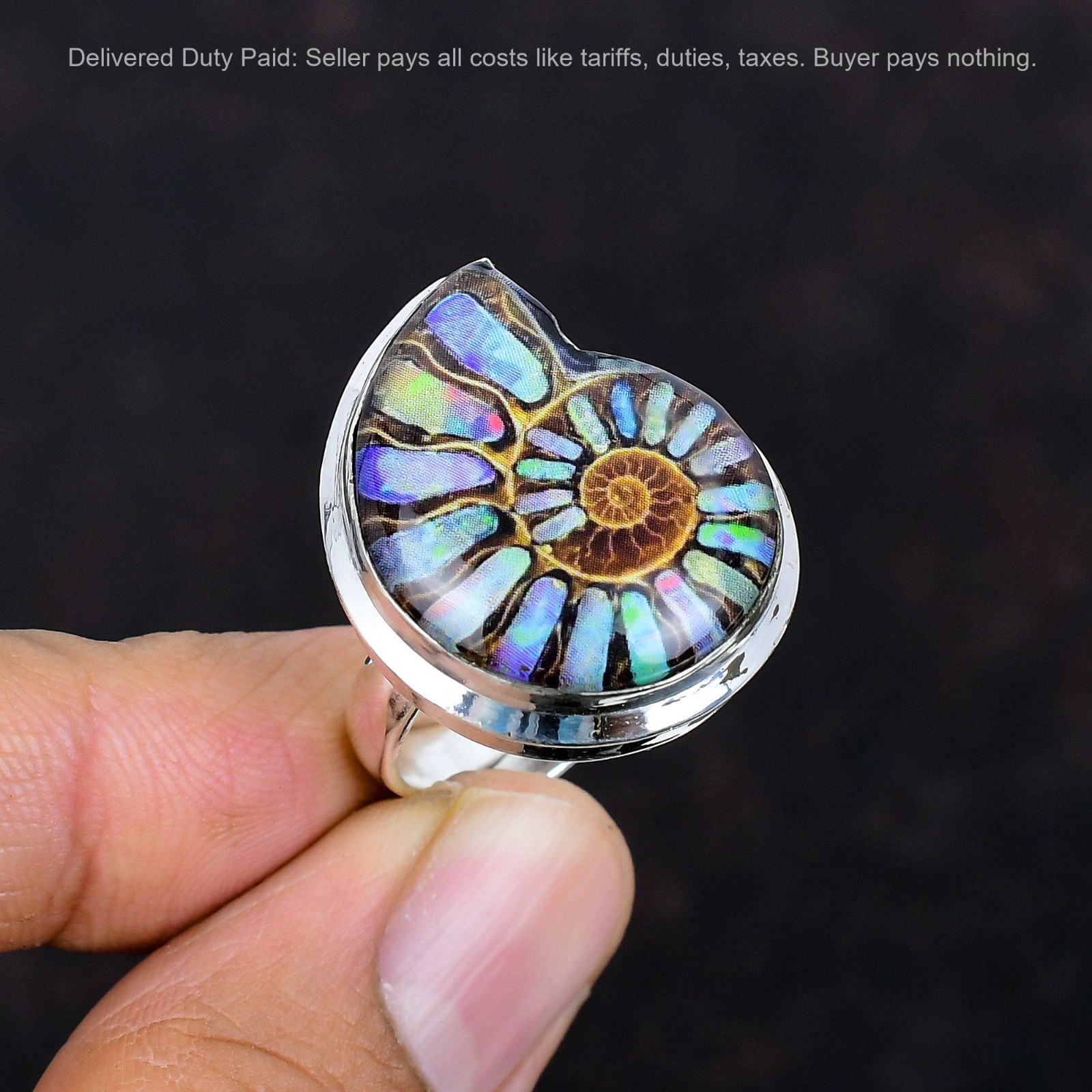 925 Sterling Silver Natural Ammonite Doublet Opal Bezel Statement Ring Jewelry