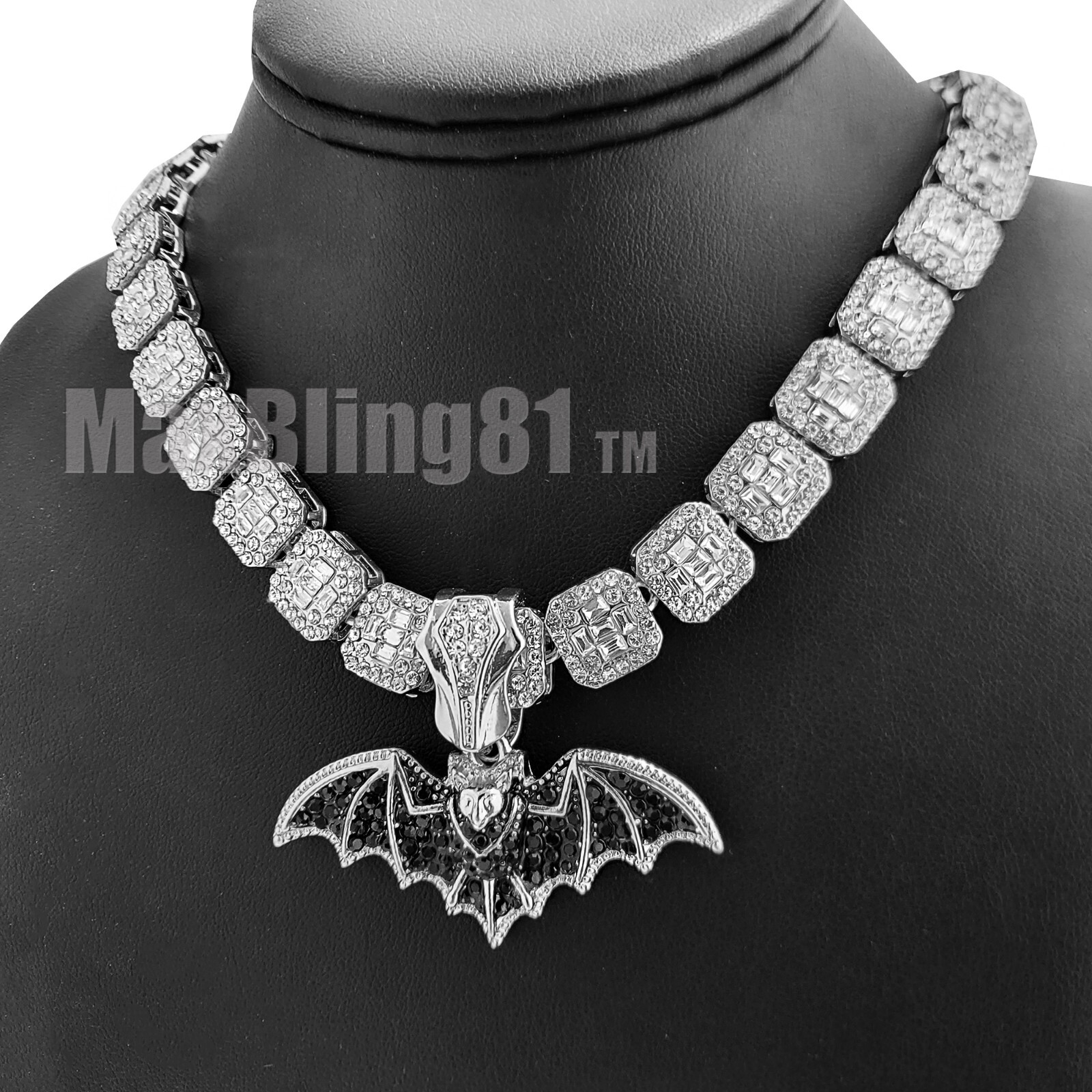 Hip Hop Silver Plated Alloy Bat & 16″ 18″ 20″ Iced Cubic Zirconia Chain Necklace