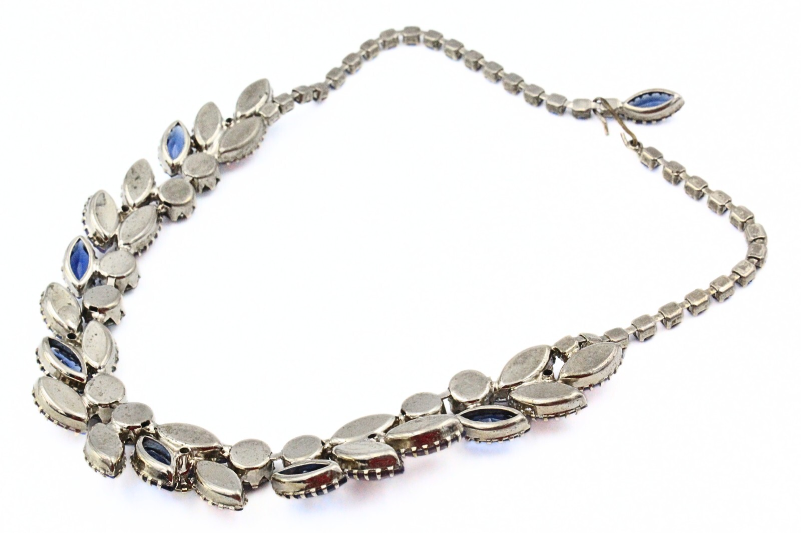 Stunning High End Blue Pink Foil Backed Rhinestones Silver Tone Necklace