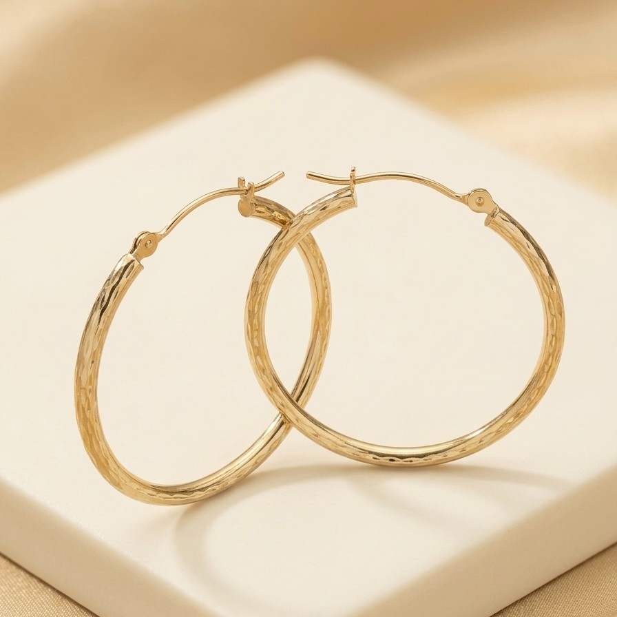 10K Yellow Gold Diamond Cut Hoop Earrings 30mm x 2mm Sparkling Everyday Hoops