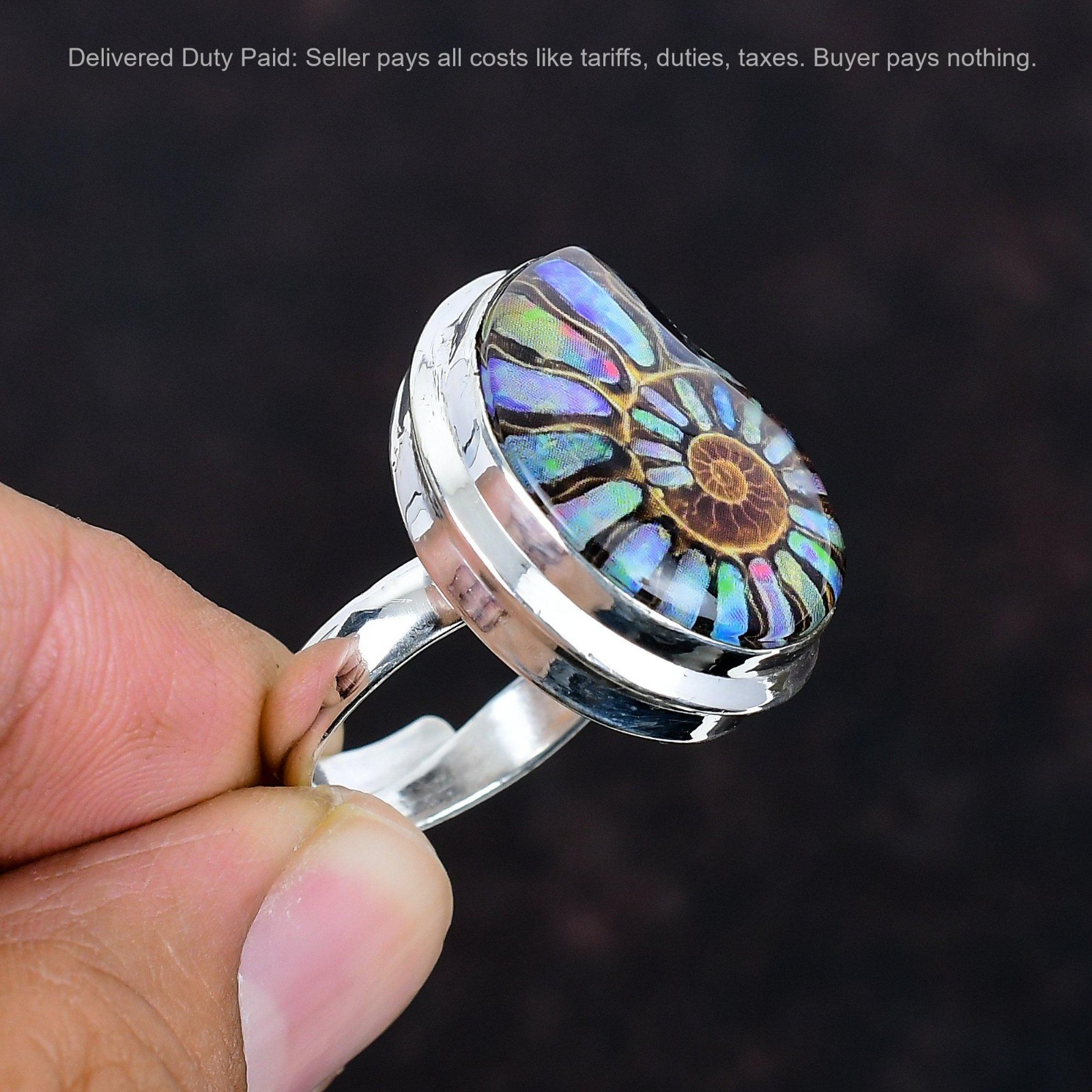 925 Sterling Silver Natural Ammonite Doublet Opal Bezel Statement Ring Jewelry