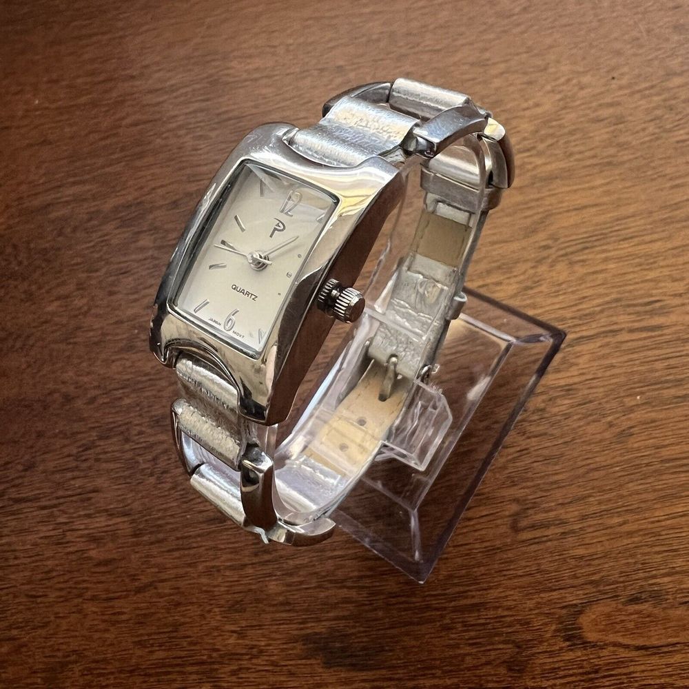 Vintage “P” Women’s Watch Silver Tone New Battery Rectangle Face White 8 in.