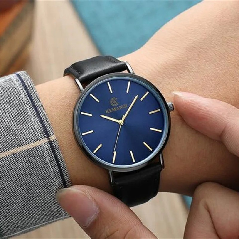 Men Trendy Ultra Thin Minimalist Watch Slim Leather Strap Stainless Steel Quartz