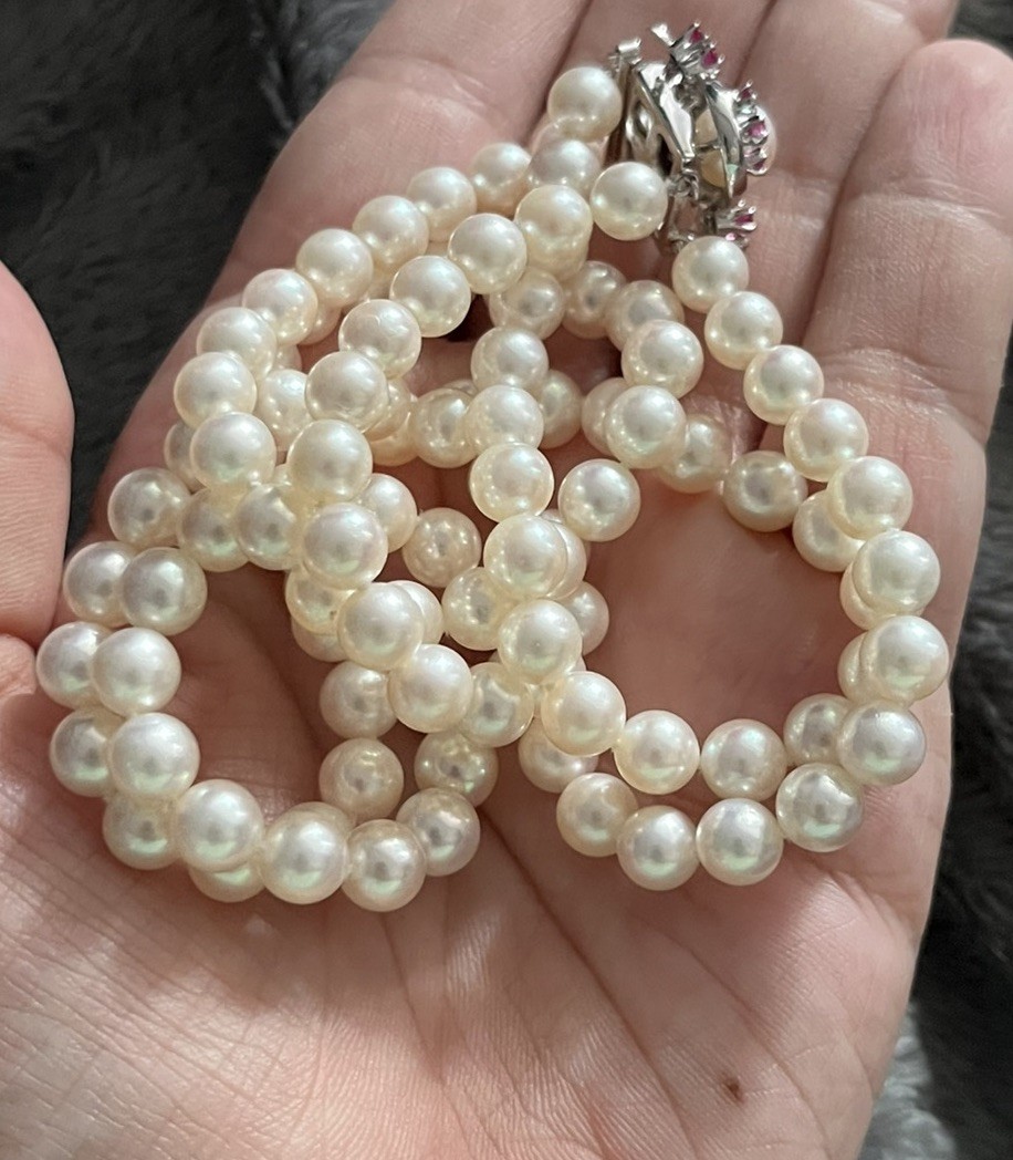 TASAKI Akoya Pearl Double-Strand Necklace 14ct White Gold K14WG 6.4-7.1mm 40cm