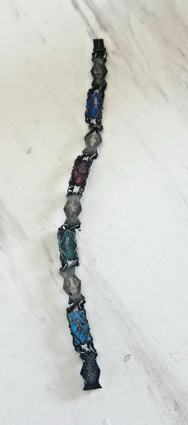 Vintage Siam Sterling Silver Niello 8 Panel Bracelet Thai Deities Gods 7 1/4″