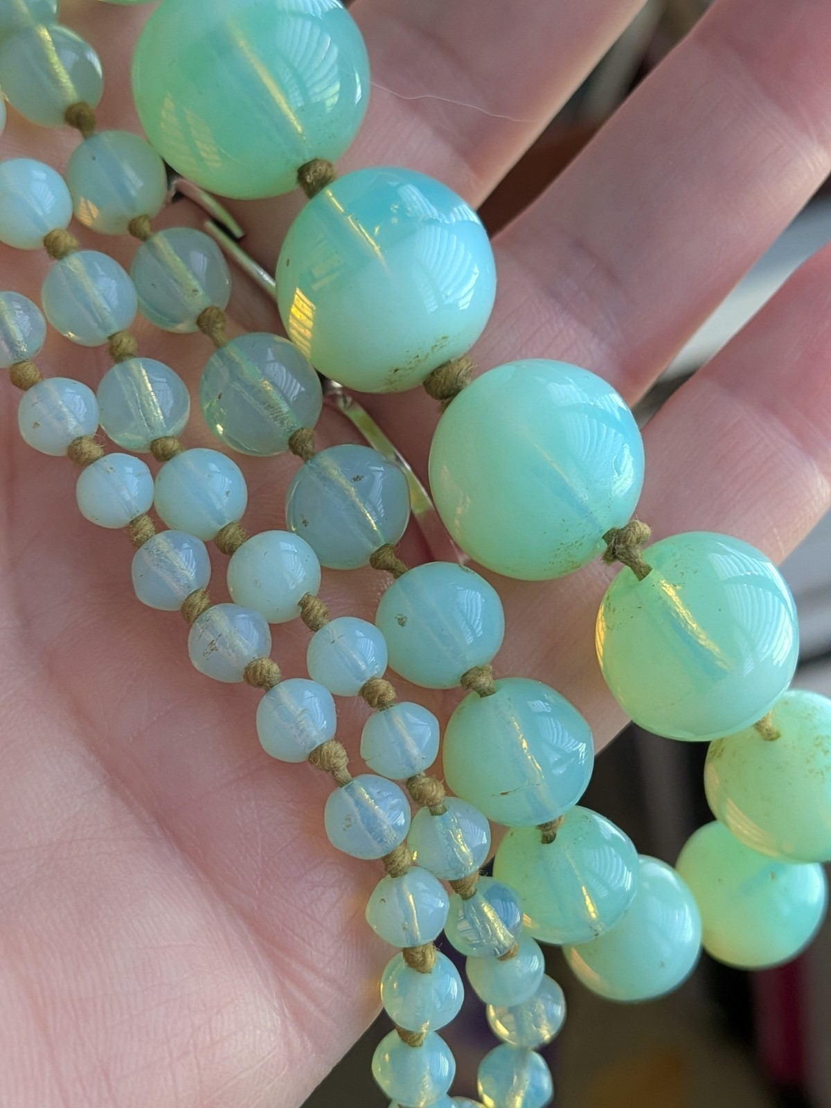 Antique Uranium Glass Long Bead Necklace-Bohemian Czech Glass-Glows by UV Light
