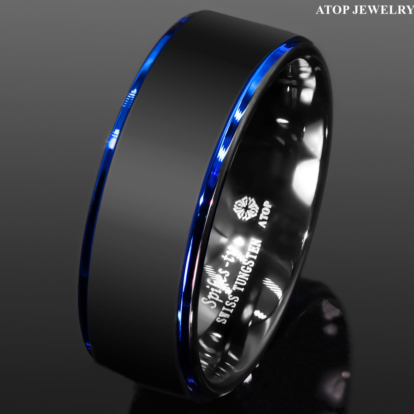 8/6mm Tungsten Ring Black Brushed Blue Stripe Wedding Band ATOP Men’s Jewelry