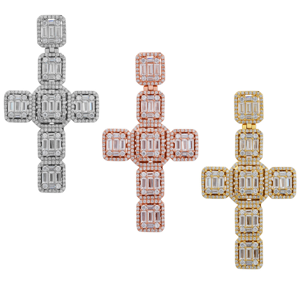 Baguette MOISSANITE Iced Cross Hip Hop Pendant – Pass Tester Silver Gold Plated