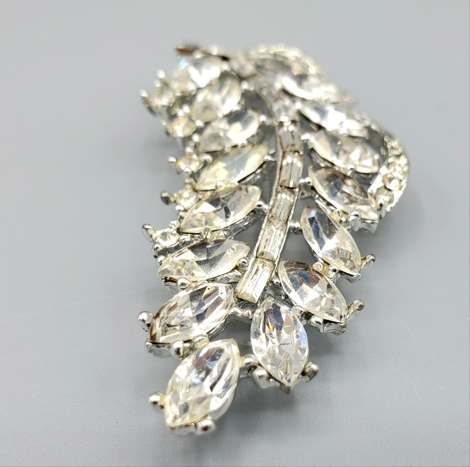 1950’s Unsigned Designer Clear Marquise Baguette Feather Leaf Brooch