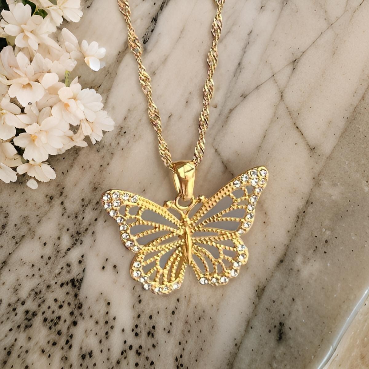 Unique Butterfly Pendant Necklace 18K Gold over Stainless Steel CZ waterproof
