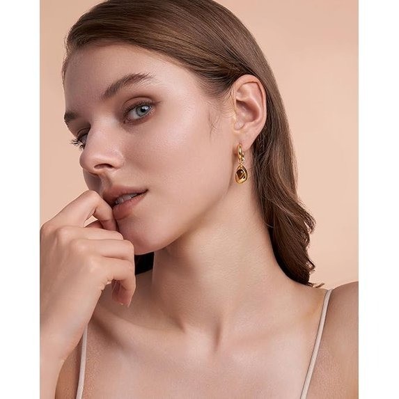 Gold Tone Drop Hoop Earrings Women Simulated Stone Fashion Jewelry Gift Set Wear