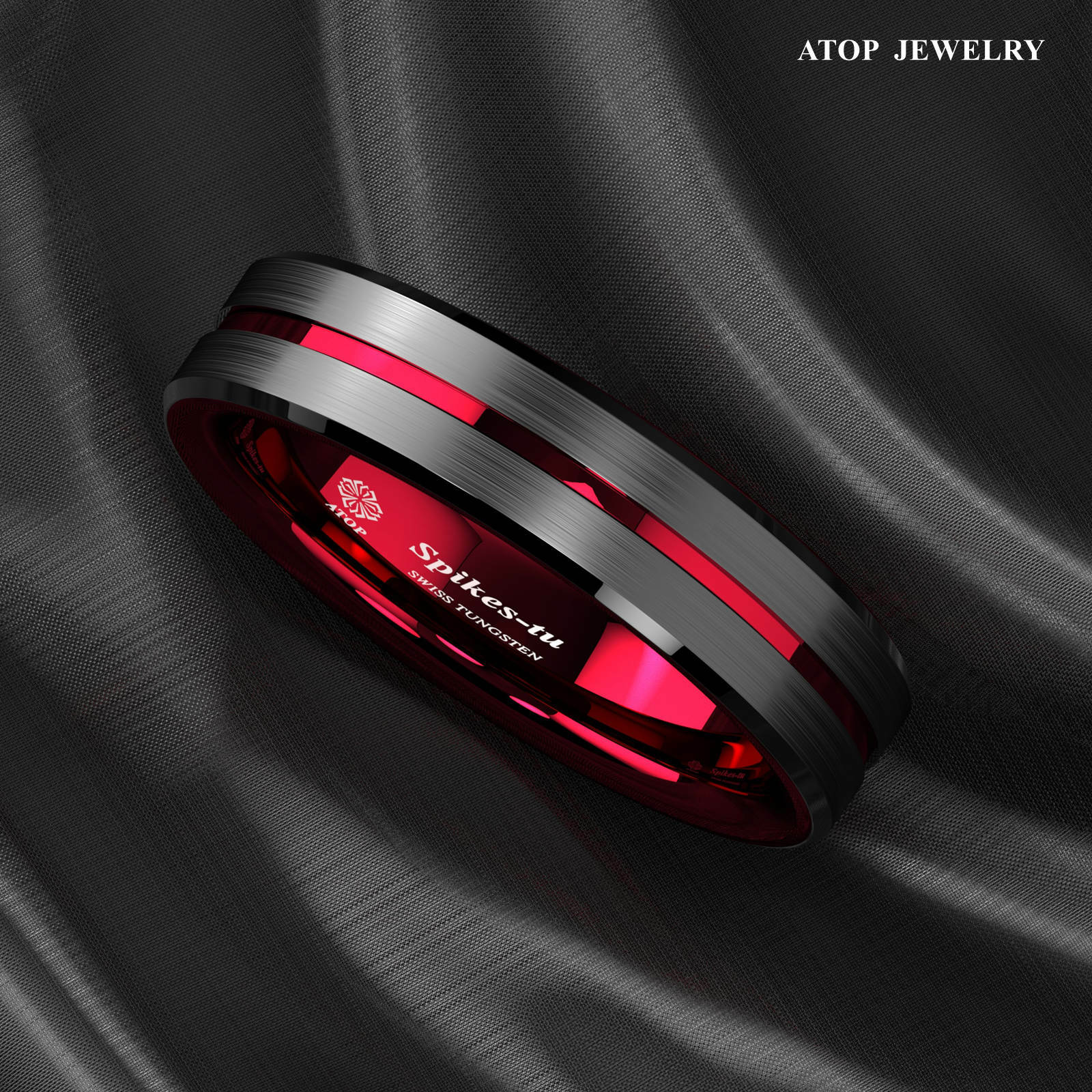 8/6mm Black Tungsten Carbide Thin Red Line Wedding Band Ring ATOP Men’s Jewelry