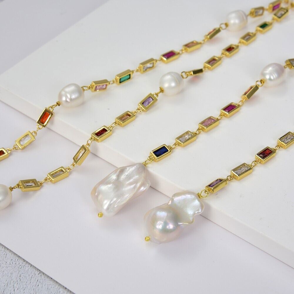 Cultured White Keshi Pearl Mixed Color Cz Pave Long Gold Plated Chain Necklace