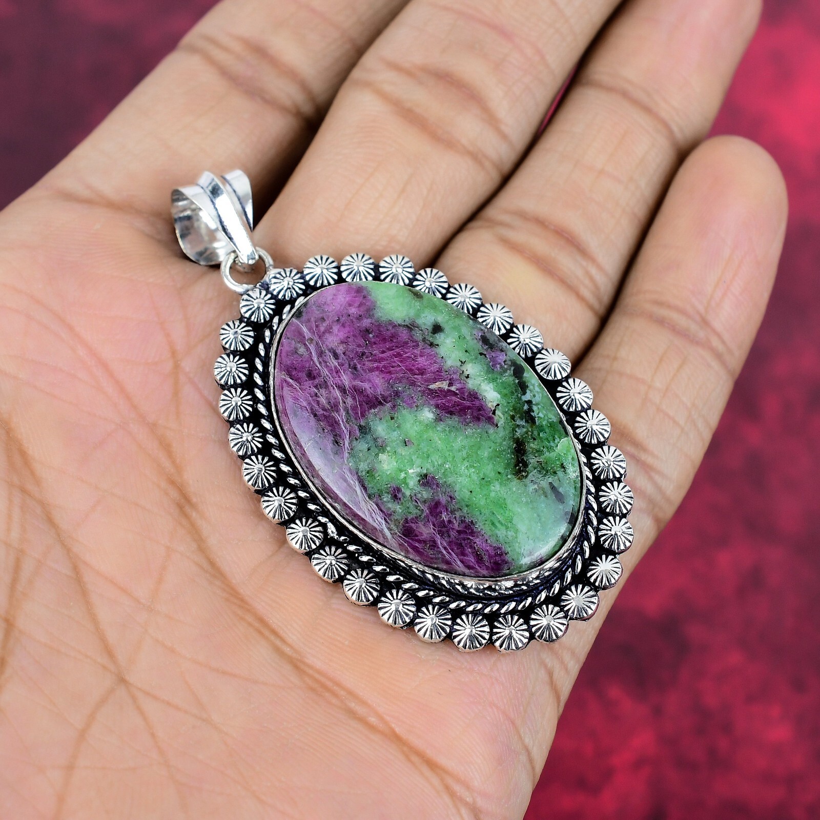 Ruby Zoisite Gemstone Handmade 925 Sterling Silver Pendant Jewelry