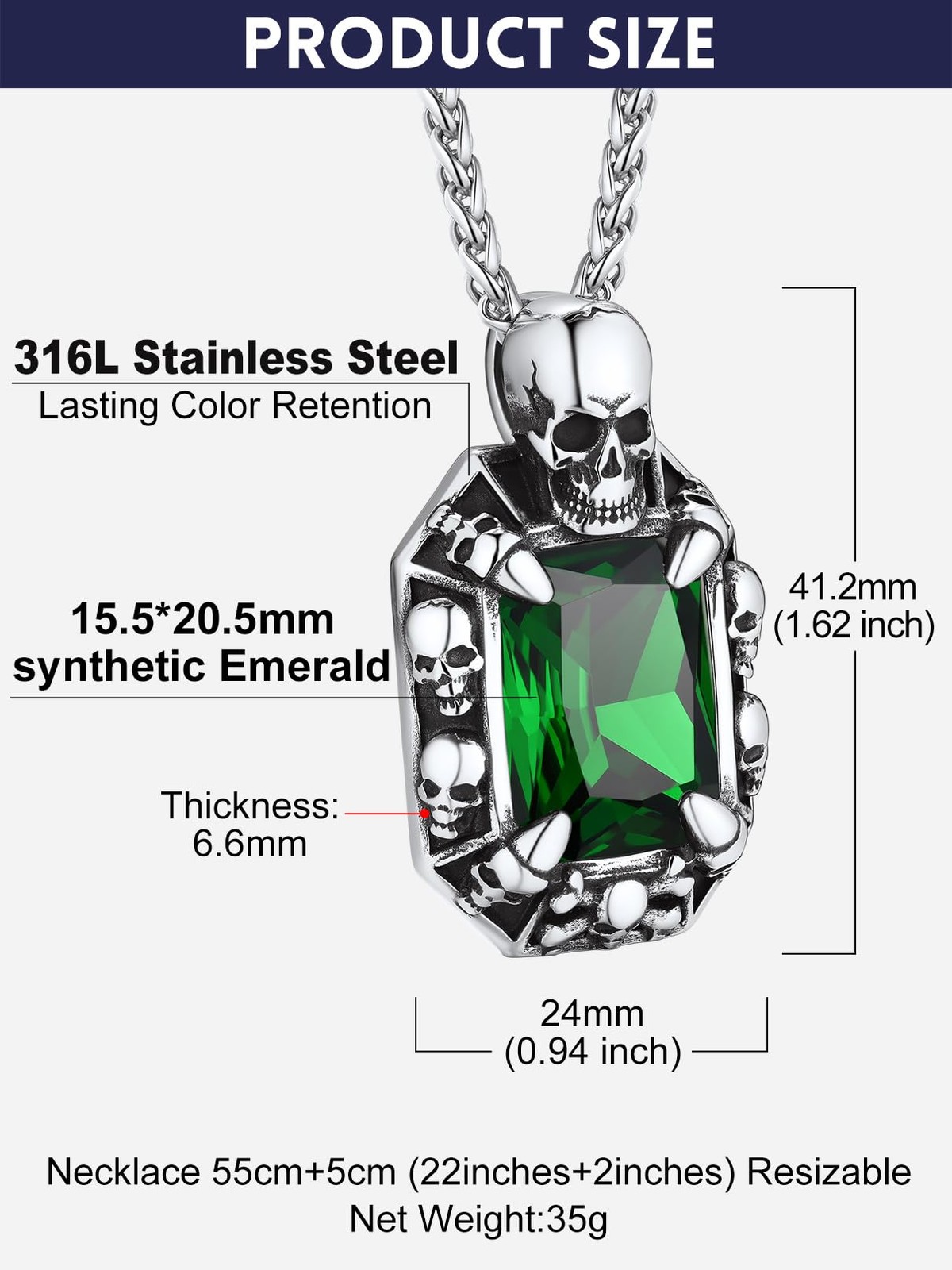 Emerald Stone Pendant Necklace Stainless Steel Green Crystal Gemstone Necklac…