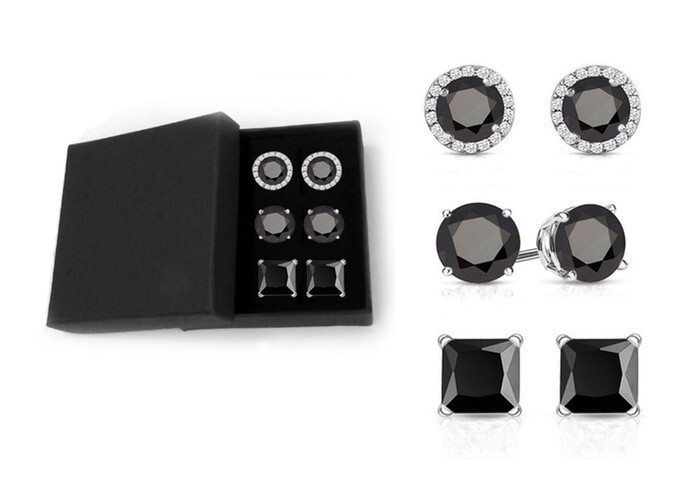 925 Solid Sterling Silver Set of 3 Black Cubic Zirconia Stud Earrings
