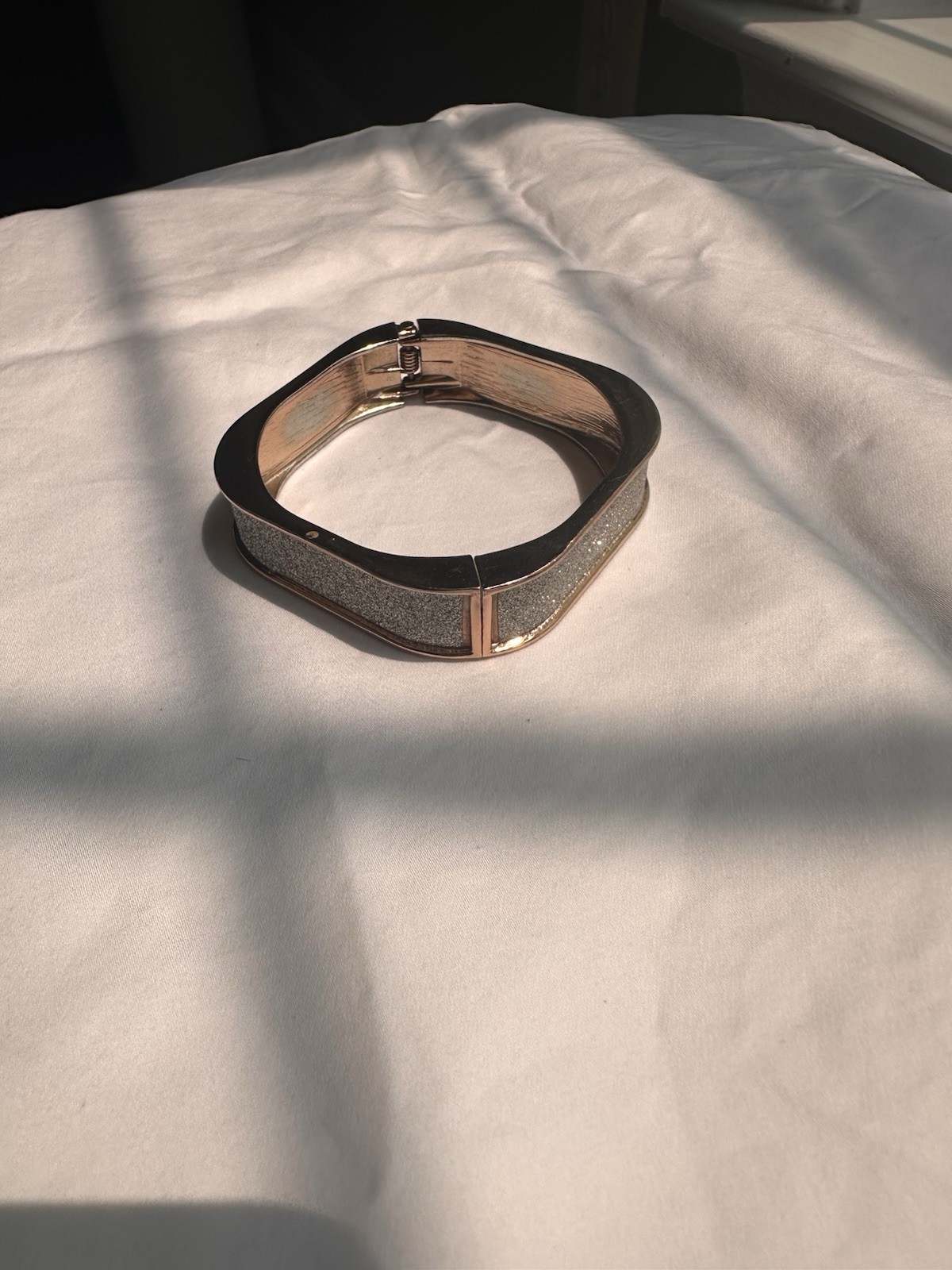 Rose Gold Tone Hinged Cuff Bangle Bracelet Pavé Clear Crystal Rectangle