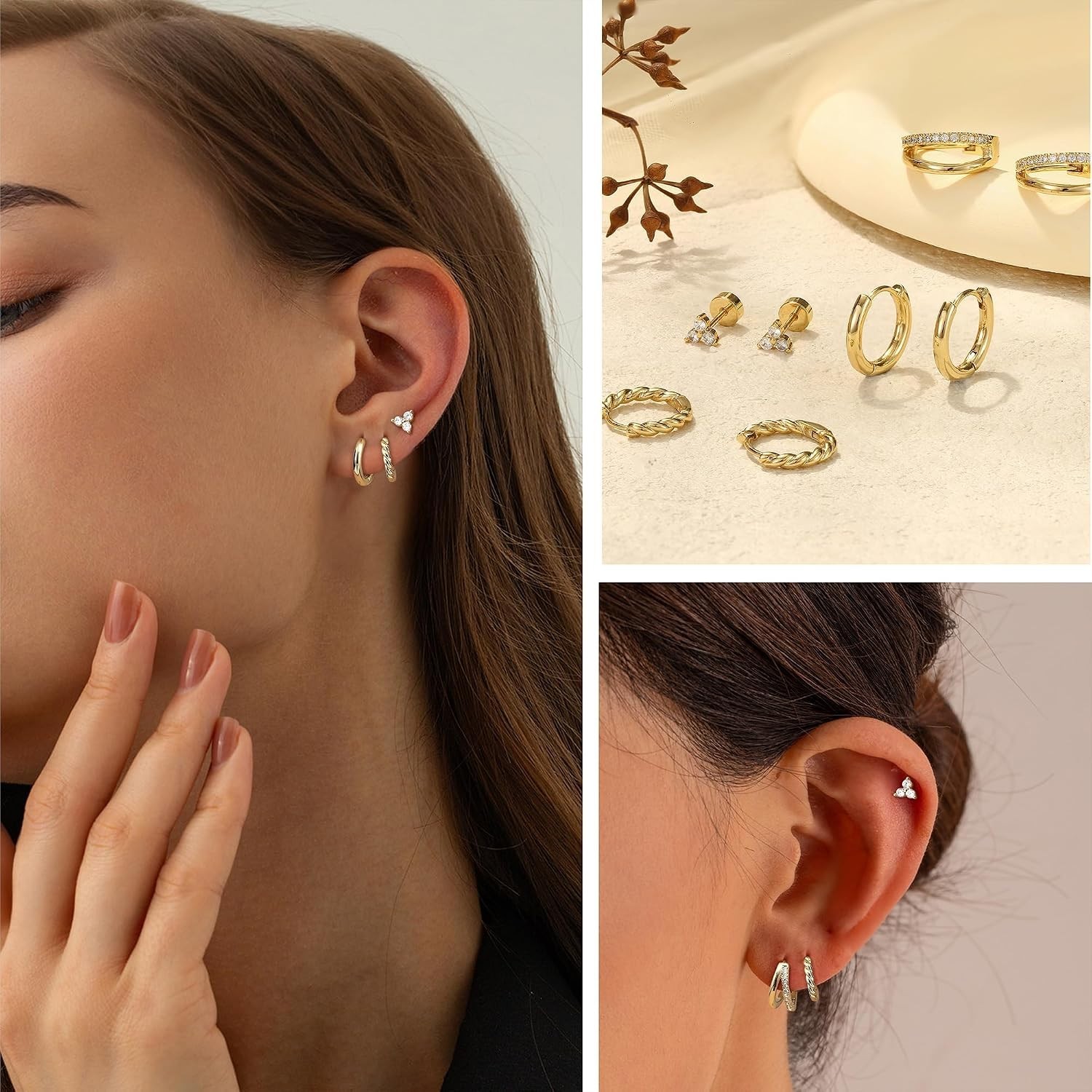 14K Gold Plated Dainty Huggie & Stud Earrings Set for Sensitive Ears – 4 Pairs