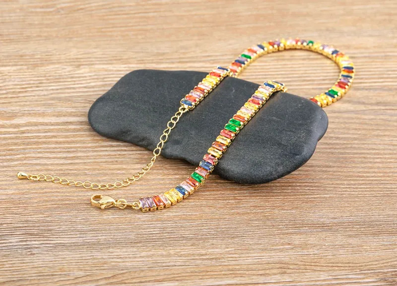 Classic Colorful Tennis Necklace Men and Women Rectangular Full Zircon.