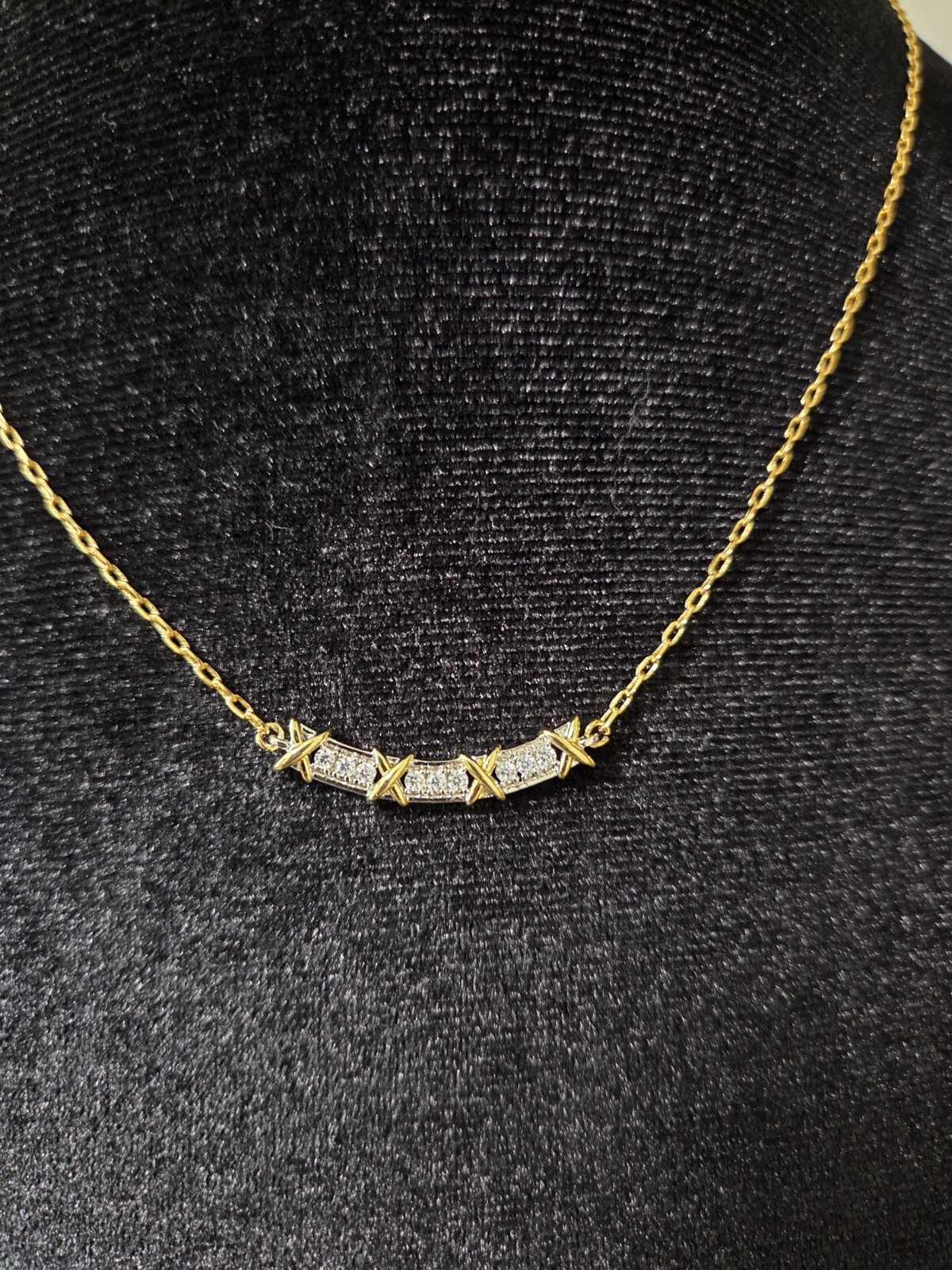 Gold Tone CZ Bar Necklace with X Accents Dainty Minimalist