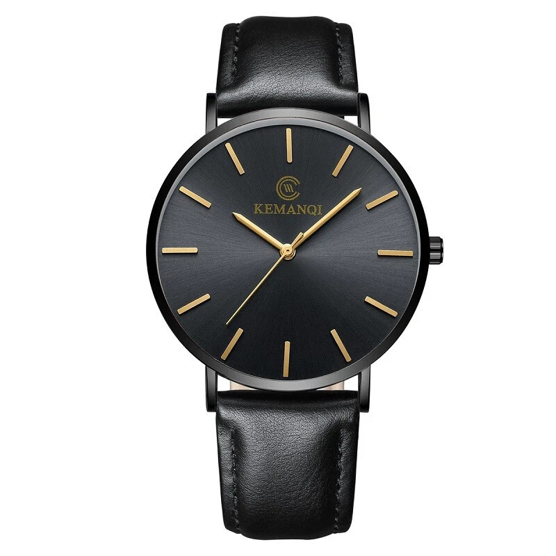 Men Trendy Ultra Thin Minimalist Watch Slim Leather Strap Stainless Steel Quartz