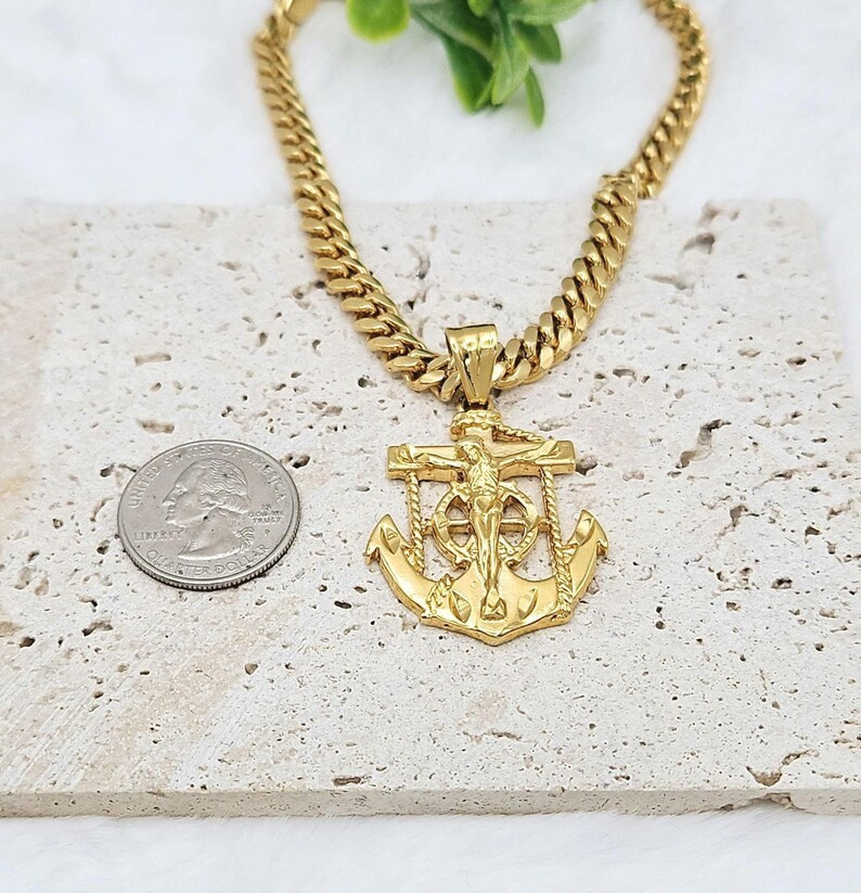 Gold Anchor Jesus Necklace, 14k Gold Plated, 7mm Curb Chain, No Fade
