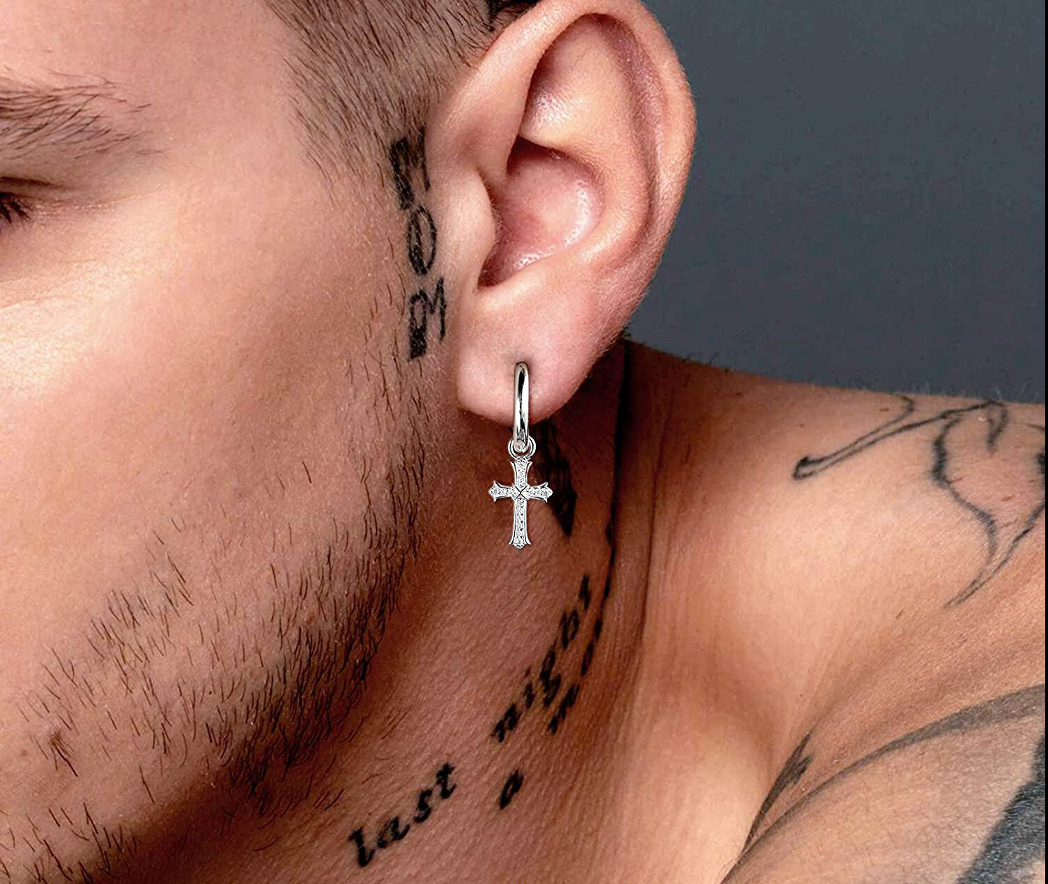 Men & Women 18K White Gold Plated CZ Cross Leverback Huggie Hoop Drop Earrings