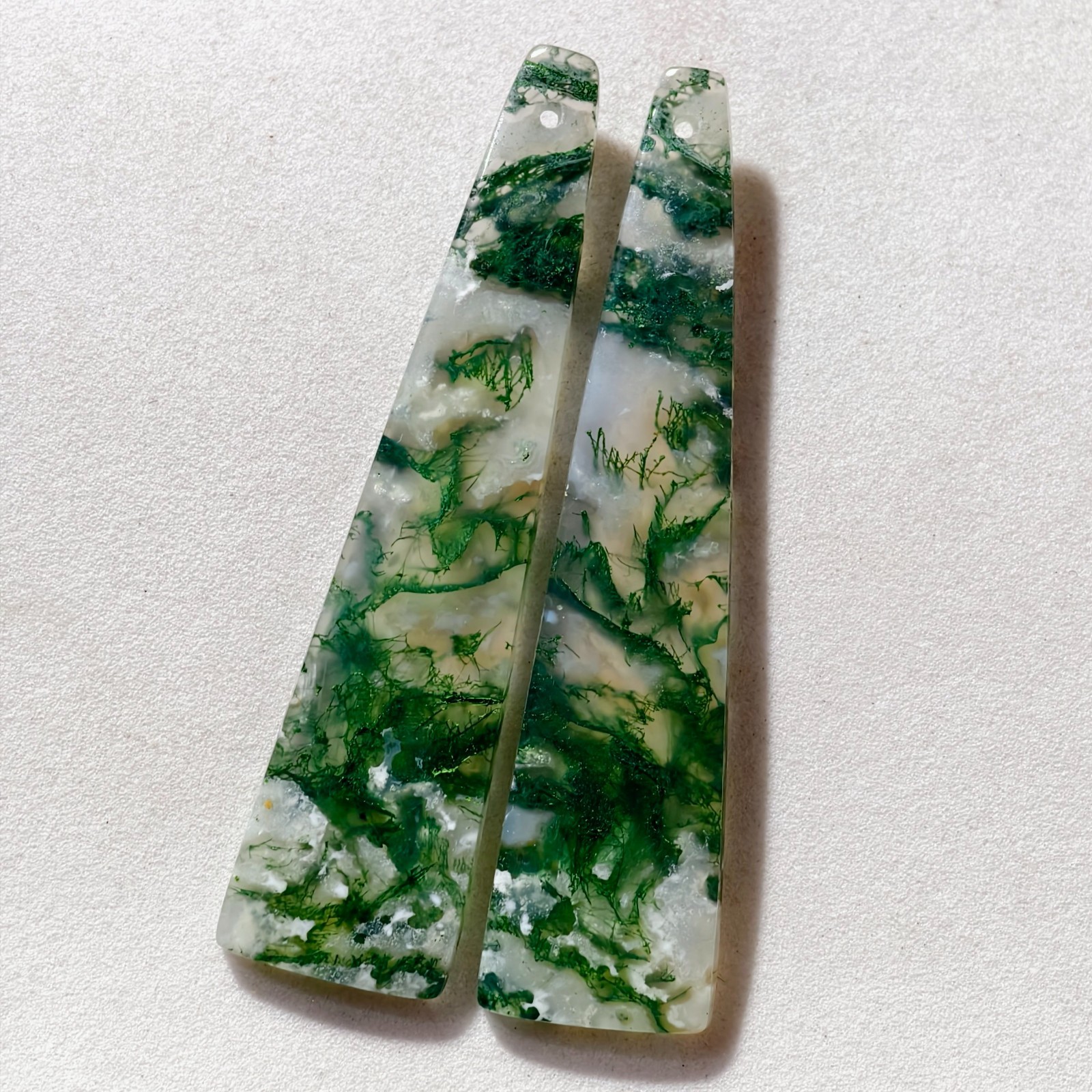 46 Cts Natural Moss Agate Drilled Match Pair Cabochon Gemstone 55.7 X 13.6 MM