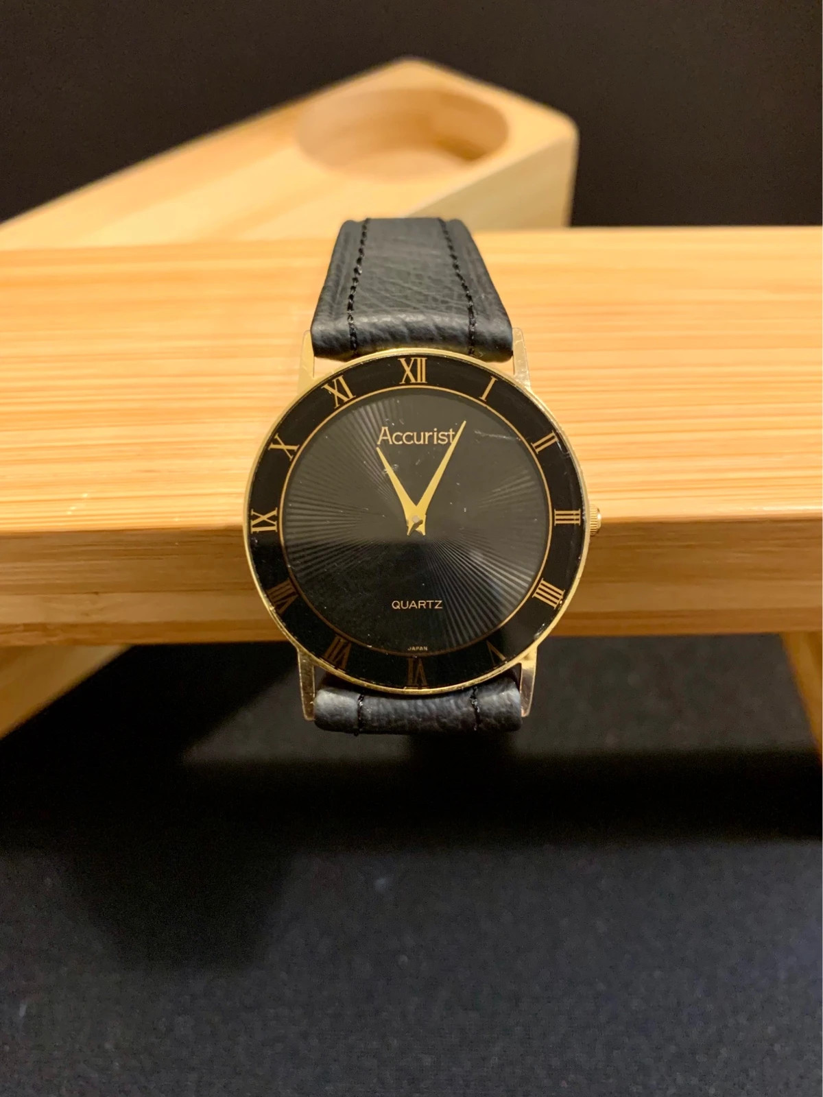 Accurist Ultra Slim Watch 31mm Black Dial Gold Tone New Leather Strap Working