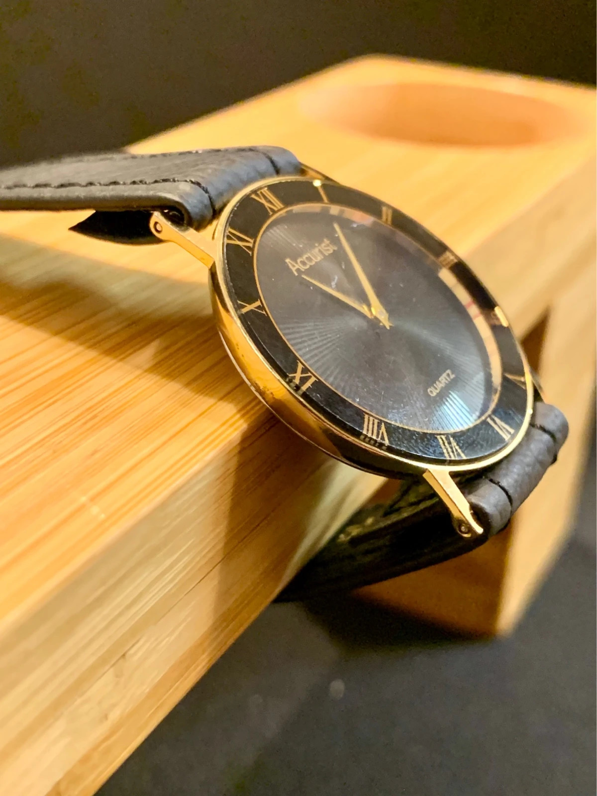 Accurist Ultra Slim Watch 31mm Black Dial Gold Tone New Leather Strap Working